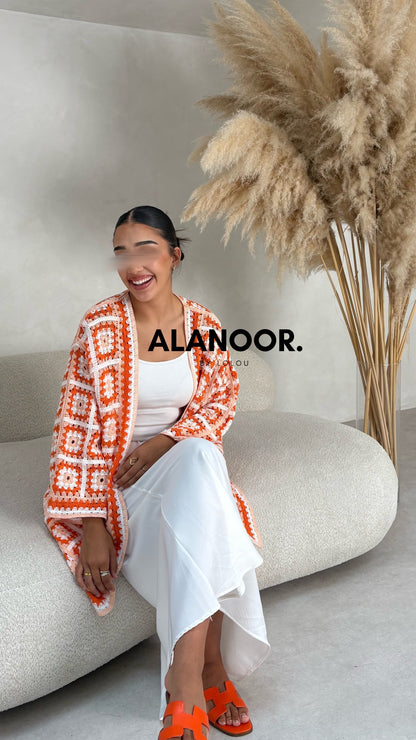 Cardigan Largo Crochet en Naranja y Blanco