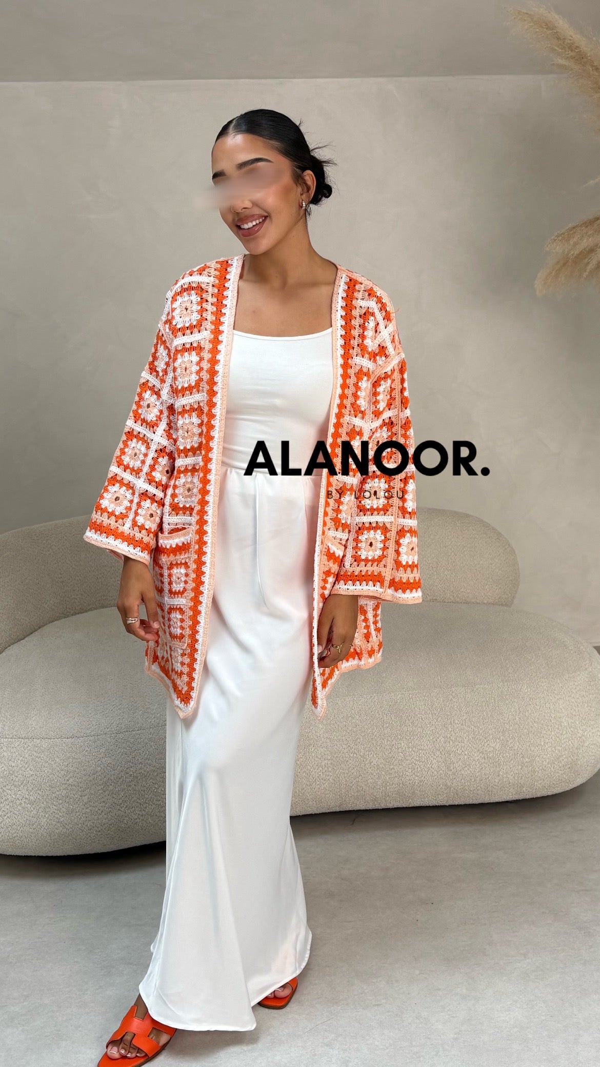 Cardigan Largo Crochet en Naranja y Blanco