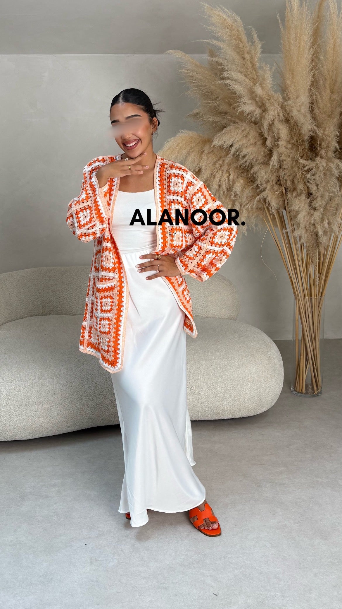 Cardigan Largo Crochet en Naranja y Blanco