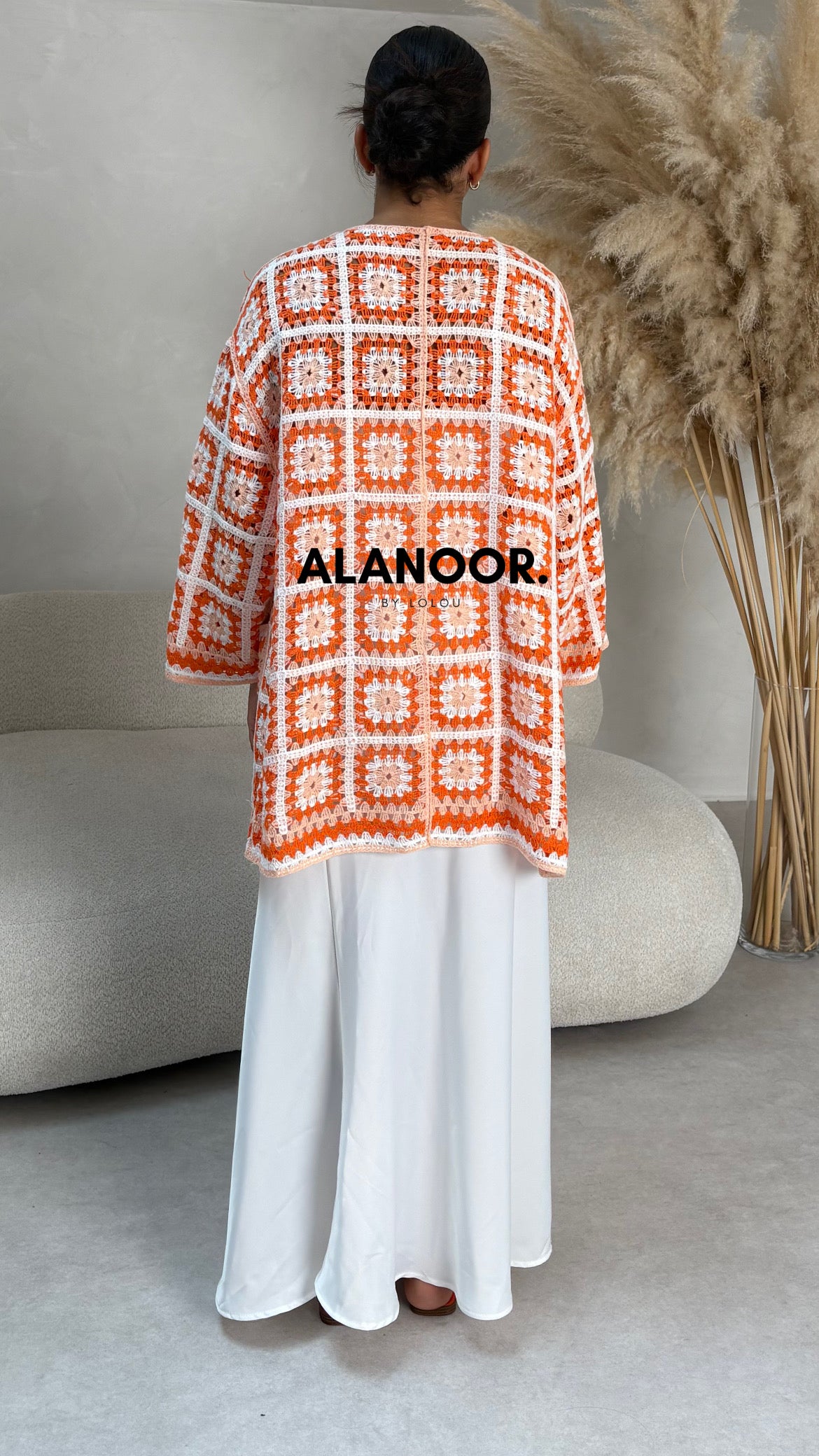 Cardigan Largo Crochet en Naranja y Blanco