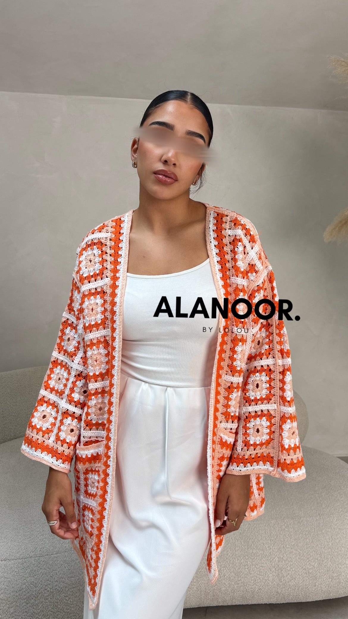 Cardigan Largo Crochet en Naranja y Blanco