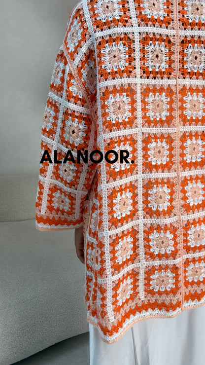 Cardigan Largo Crochet en Naranja y Blanco